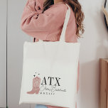 Cowboy Boot Personalised Austin Bachelorette Party Tote Bag<br><div class="desc">Welcome friends to your bachelorette party or girls weekend with these cute personalised tote bags. Design features a dusty rose pink cowboy boot flanked by tiny stars, with your destination (shown with ATX for Austin, Texas) aligned at the left in classic serif lettering. Add your name or event name beneath...</div>