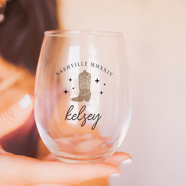 Cowboy Boot Personalised Bachelorette Party Stemless Wine Glass (Creator Uploaded)