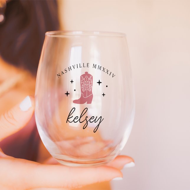 Cowboy Boot Personalised Bachelorette Party Stemless Wine Glass (Creator Uploaded)