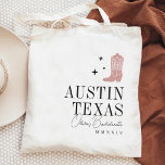 Cowboy Boot Personalised Bachelorette Party Tote Bag<br><div class="desc">Welcome friends to your bachelorette party or girls weekend with these cute personalised tote bags. Design features a dusty rose pink cowboy boot flanked by tiny stars, with your destination (shown with Austin, Texas) aligned at the right in classic serif lettering. Add your name or event name beneath in handwritten...</div>