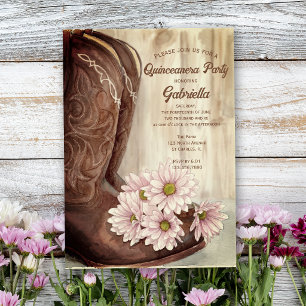 Cowboy Boot Pink Daisies Western Quinceanera Party Invitation