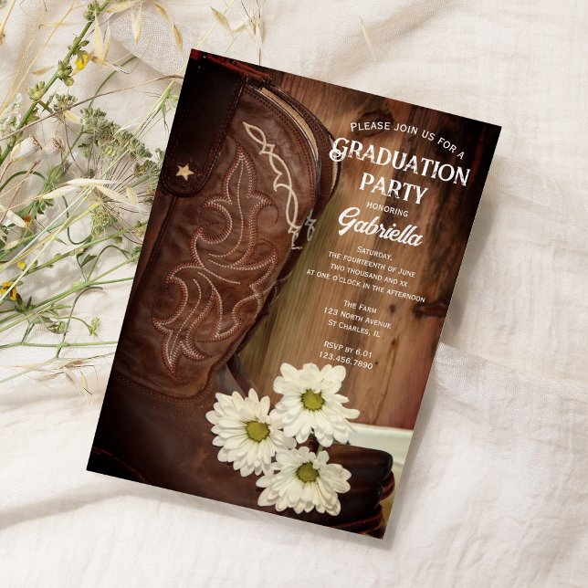Cowboy Boot White Daisies Western Graduation Party Invitation (Creator Uploaded)
