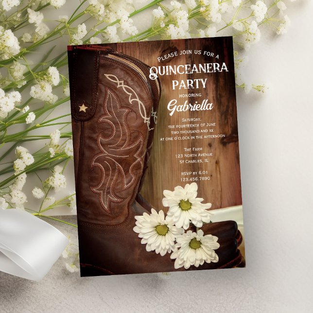 Cowboy Boot White Daisy Western Quinceanera Party Invitation (Creator Uploaded)