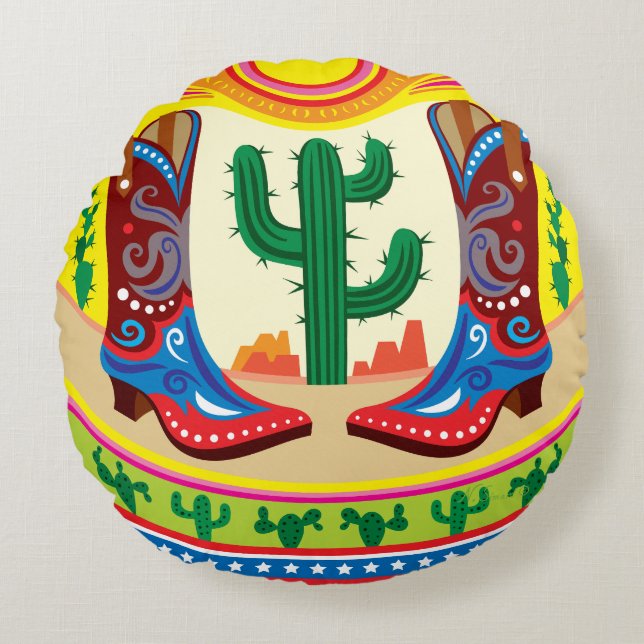 Cowboy Boots and Desert Sun Round Cushion (Front)