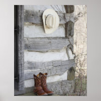 Cowboy boots and hat outside of log cabin