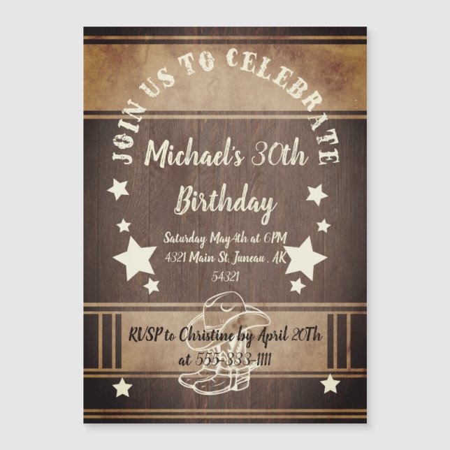 Cowboy  boots and hat with stars birthday  invitat magnetic invitation (Front)