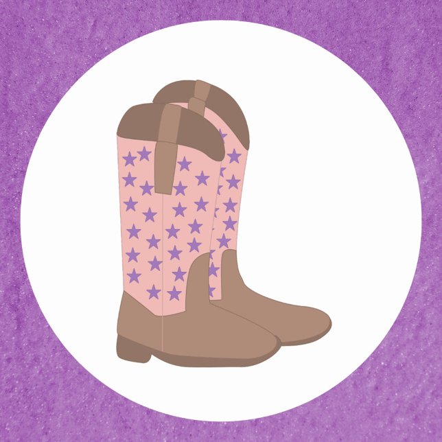 Cowboy Boots Brown Pink with Purple Stars Classic Round Sticker (A sticker with a pair of cowboy boots done in pink and brown with purple stars)