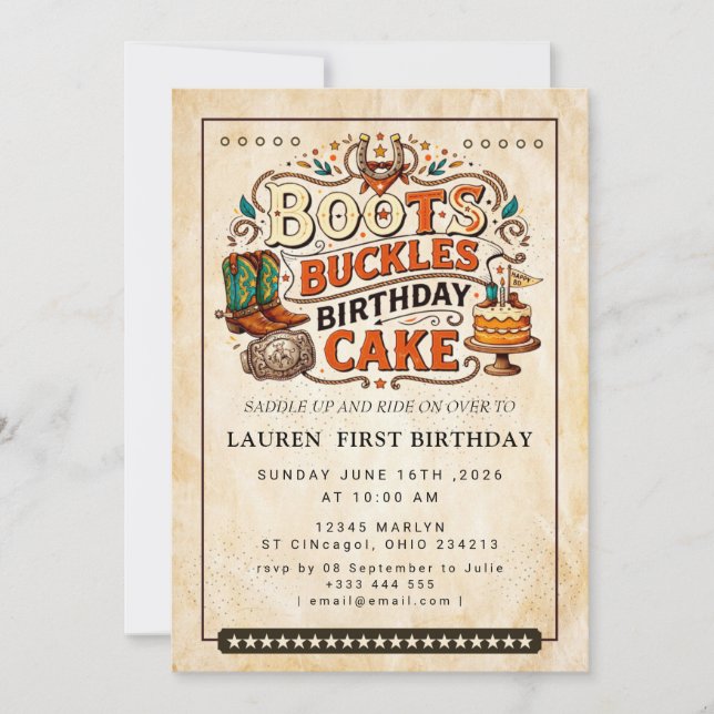 Cowboy Boots Buckles Birthday Cake  Invitation (Front)