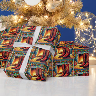 Cowboy Boots By Burning Fireplace Christmas Wrapping Paper