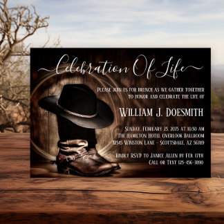 Cowboy Boots Cowboy Hat Funeral Memorial Service Invitation