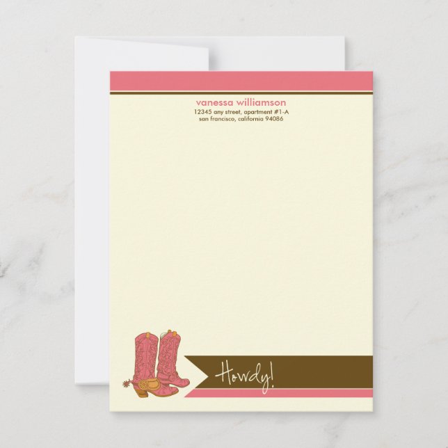 Cowboy Boots Custom Flat Note Cards (pink) (Front)