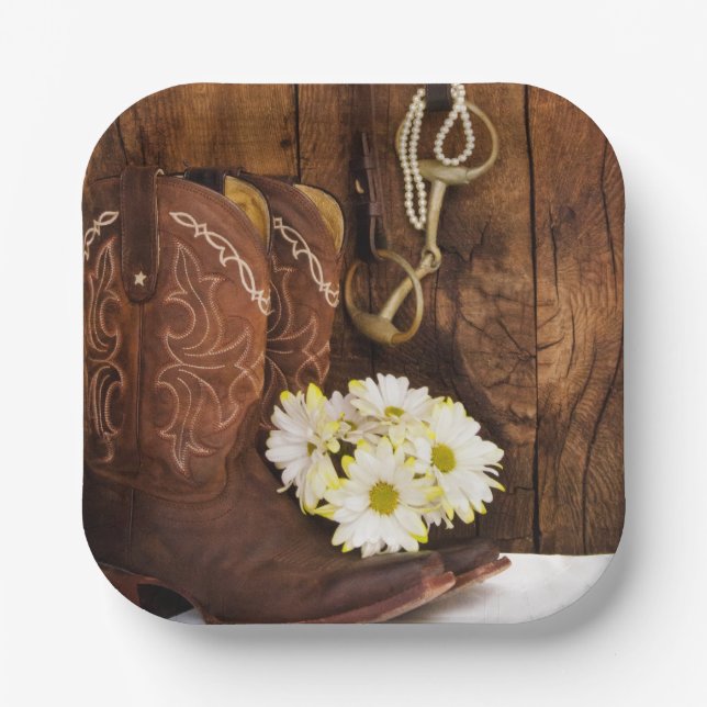 Cowboy Boots, Daisies and Horse Bit Ranch Wedding Paper Plate (Front)