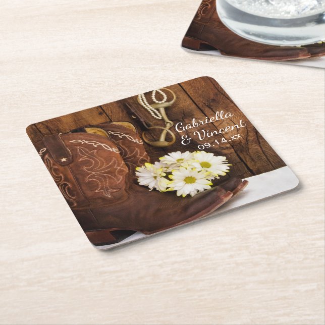 Cowboy Boots, Daisies and Horse Bit Ranch Wedding Square Paper Coaster (Angled)