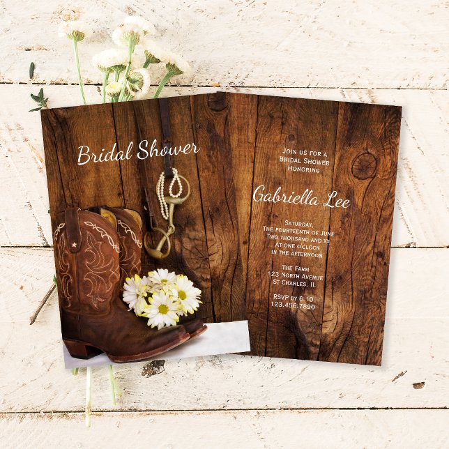 Cowboy Boots Daisies Horse Bit Bridal Shower Invitation (Creator Uploaded)