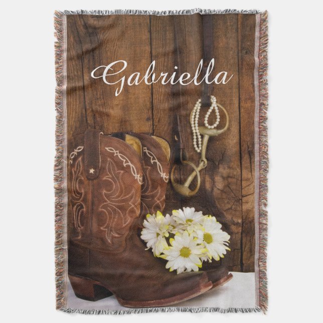 Cowboy Boots, Daisies, Horse Bit Country Western Throw Blanket (Front Vertical)