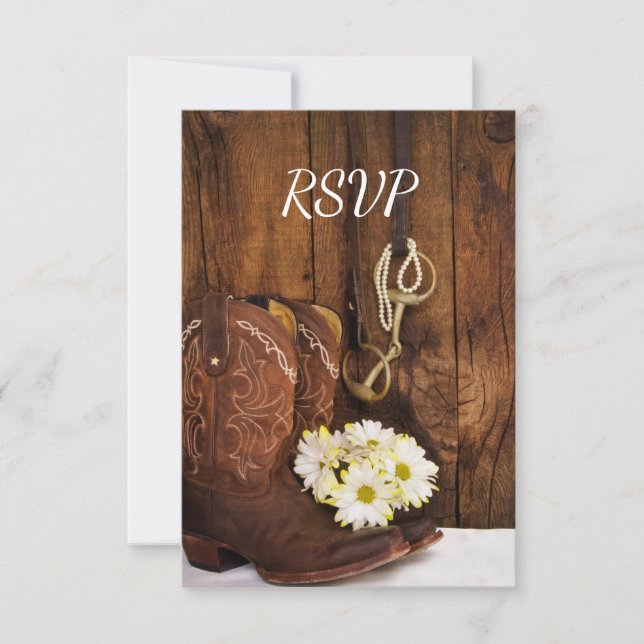 Cowboy Boots, Daisies, Horse Bit Wedding RSVP Card (Front)