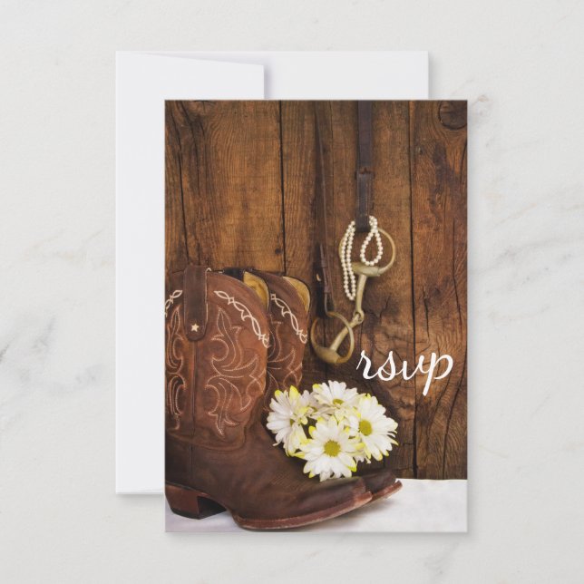 Cowboy Boots, Daisies, Horse Bit Wedding RSVP Card (Front)