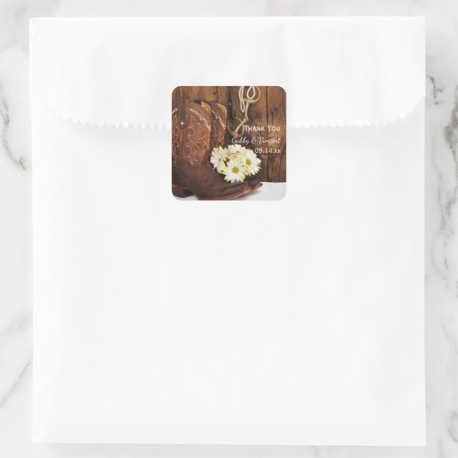 Cowboy Boots, Daisies Horse Bit Wedding Thank You Square Sticker (Bag)