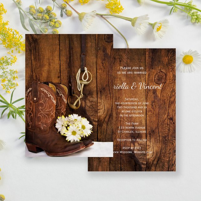 Cowboy Boots, Daisies Horse Bit Western Wedding Invitation (Creator Uploaded)