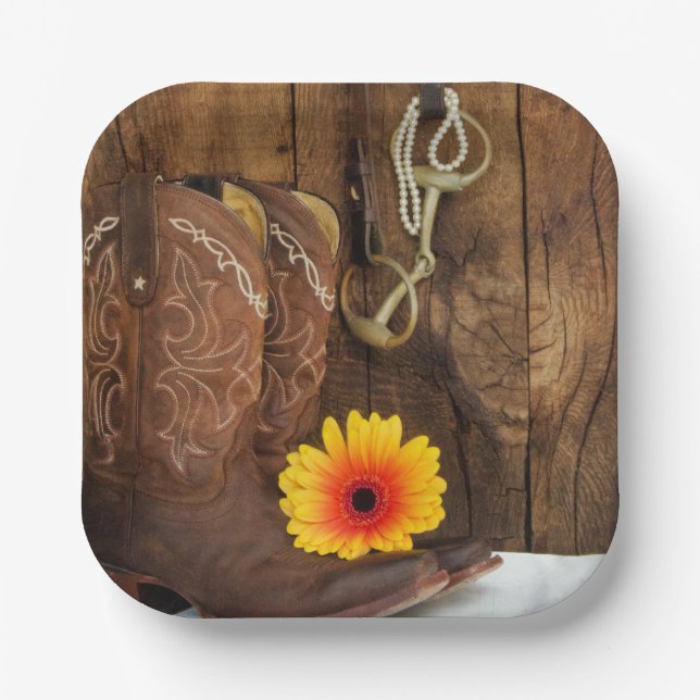 Cowboy Boots, Daisy and Horse Bit Western Paper Plate (Front)