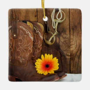 Cowboy Boots, Daisy Horse Bit Country Wedding Ceramic Tree Decoration