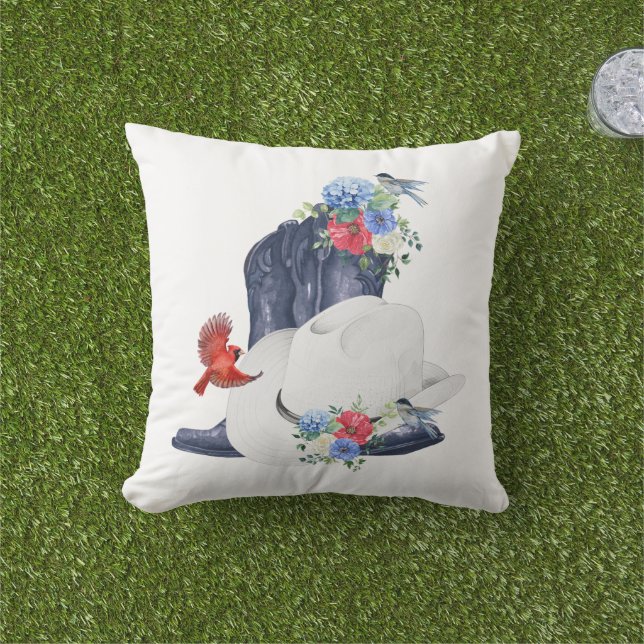 Cowboy Boots/Hat & Flowers/Birds Cushion (Grass)