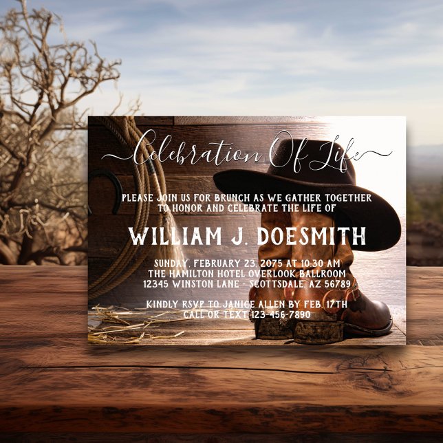 Cowboy Boots Hat Funeral Memorial Invitation (Cowboy hat and boots memorial and funeral announcement. Simply add your event details.)