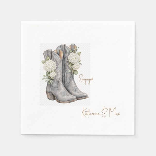 Cowboy Boots Hydrangea Engagement Party Napkin (Front)