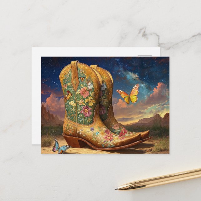 Cowboy Boots in the Meadow Postcard (Front/Back In Situ)