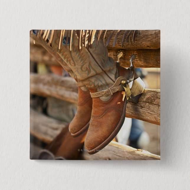 Cowboy boots on fence 2 15 cm square badge (Front)