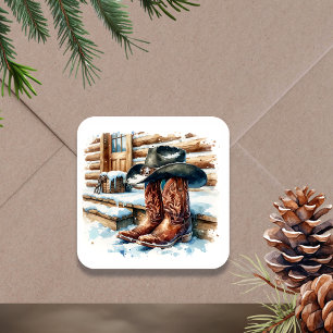 Cowboy Boots on the Front Porch on a Winter Day Square Sticker