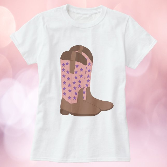 Cowboy Boots Pink Brown Purple Stars T-Shirt (A tshirt with a pair of cowboy boots done in brown and pink with purple stars.)