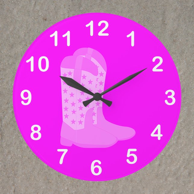 Cowboy Boots Stars Pink White Numbers Large Clock (A clock with a pair of pink cowboy boots with stars surrounded by white numbers.)