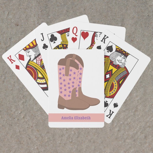 Cowboy Boots Stars Purple Pink Brown Personalise Playing Cards (A deck of playing cards with pink, brown and purple cowboy boots and text you can personalize!)