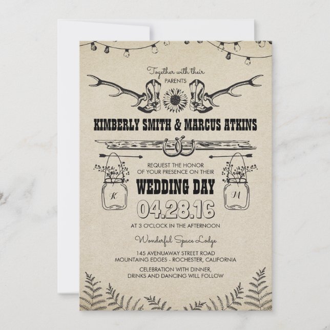 Cowboy Boots Sunflower Country Rustic Barn Wedding Invitation (Front)