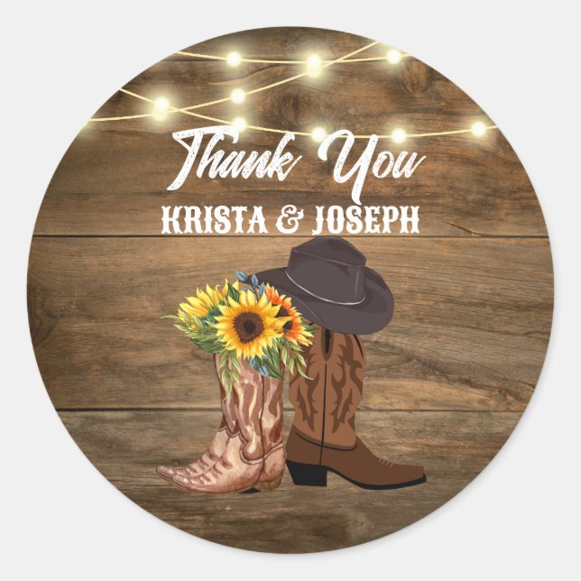 Cowboy Boots Sunflower Western Wedding Favour Classic Round Sticker (Front)
