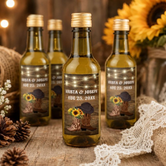 Cowboy Boots Sunflower Western Wedding Favour Wine Label (Cowboy Boots Sunflower Western Wedding Favor Wine Label)