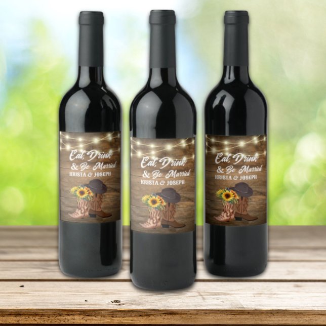 Cowboy Boots Sunflower Western Wedding  Wine Label (Cowboy Boots Sunflower Western Wedding Wine Label)