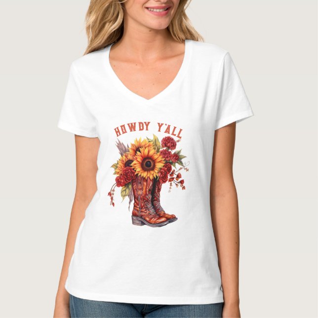 Cowboy Boots T-Shirt, howdy y'all Boots sunflower T-Shirt (Front)