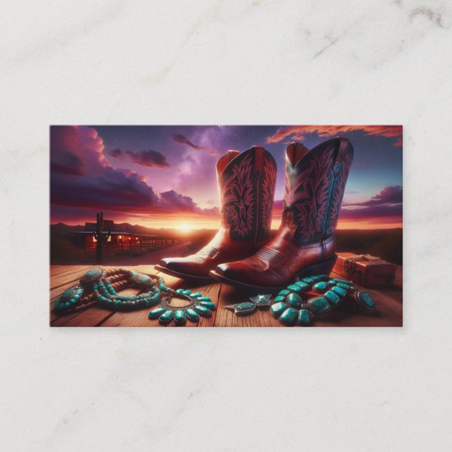 Cowboy Boots, Turquoise Jewellery in Desert (Black Business Card (Front)