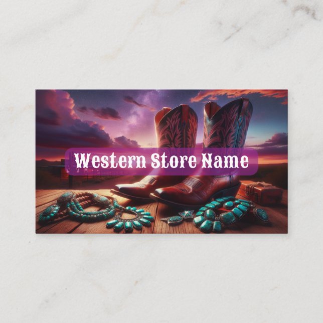 Cowboy Boots, Turquoise Jewellery in Desert (Purpl Business Card (Front)