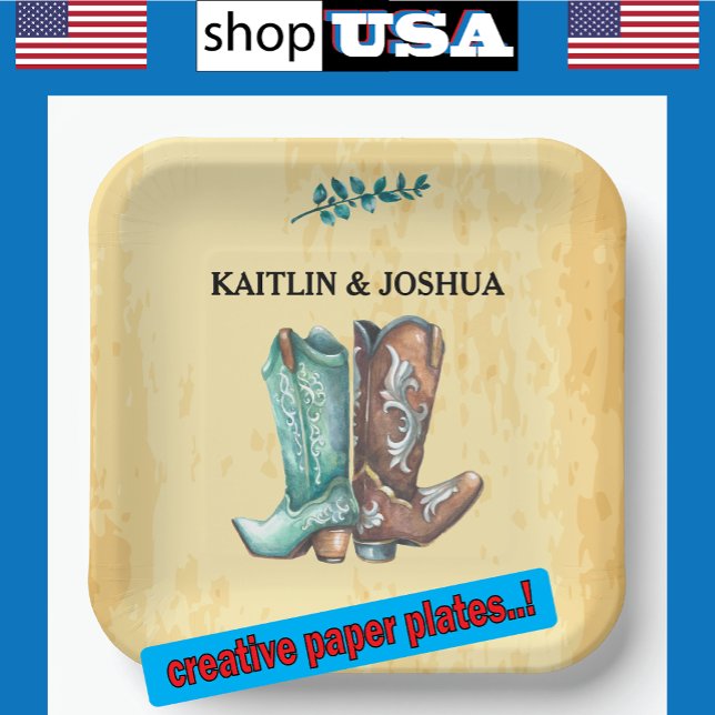 Cowboy Boots Wedding 🤠 Rustic Western Monogram Paper Plate (Creator Uploaded)