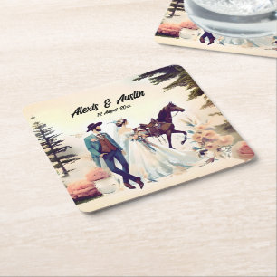 Cowboy, Bride & Horse Wedding Square Paper Coaster