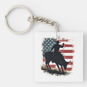 Cowboy Bull Rider Patriotic American Flag Cowboys Key Ring