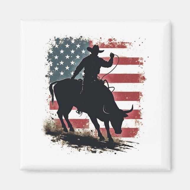 Cowboy Bull Rider Patriotic American Flag Cowboys Magnet (Front)
