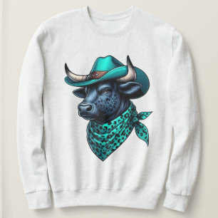 Cowboy Bull With Turquoise Hat and Patterned Scarf Sweatshirt