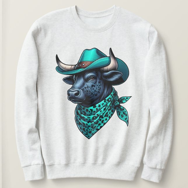 Cowboy Bull With Turquoise Hat and Patterned Scarf Sweatshirt (Design Front)
