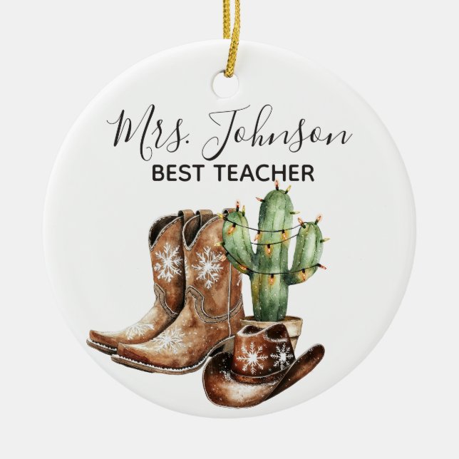 Cowboy Cactus Best Teacher Gift Ceramic Tree Decoration (Front)