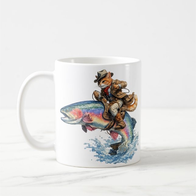 Cowboy Cat Riding Rainbow Trout Rodeo  Coffee Mug (Left)