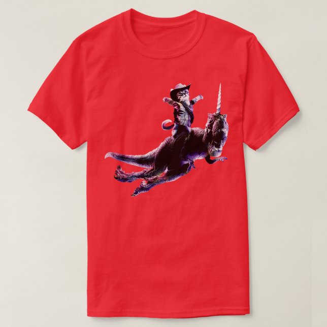 Cowboy Cat Riding Unicorn Dinosaur T-Shirt (Design Front)